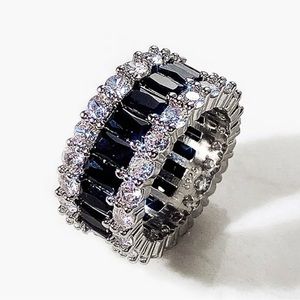 Black and White Crystal 925 Sterling Silver Stamped Eternity Band